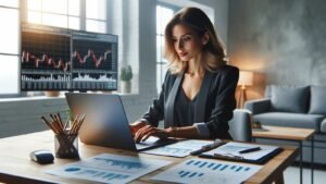 A woman trading in the FX market on her laptop from home