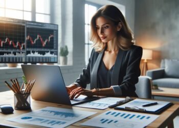 A woman trading in the FX market on her laptop from home